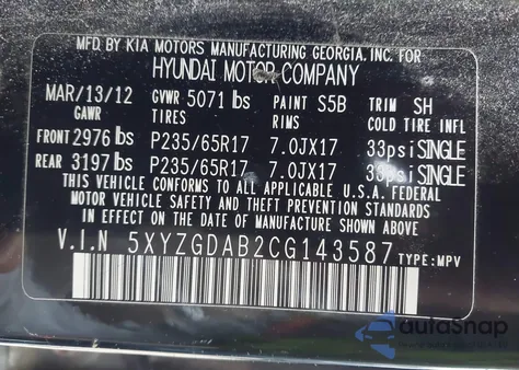 2012 Hyundai Santa Fe Gls z USA, uszkodzony, nr VIN 5XYZGDAB2CG143587